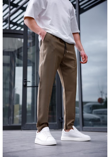 Erkek Haki Renk Esnek Likralı Fermuar Detaylı Jogger Pantolon-1749 Haki