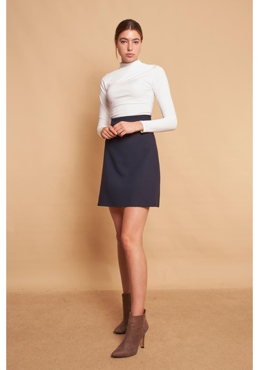 Yüksek Bel Hafif Likralı Kumaş Diz Boy Çan Etek-lacivert Lacivert