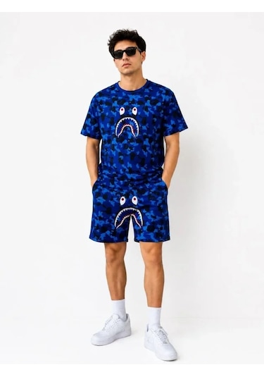 Efnaz Style Erkek Oversize Kalıp Pubg Bape X Shark Nakışlı Cepli Şort Takım - Mavi