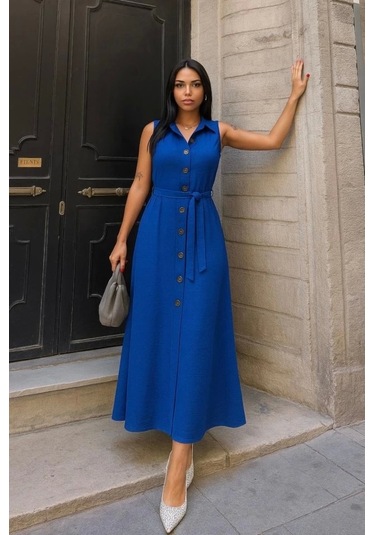 Kadın Düğme Detay Kuşak Dahil Elbise Saks