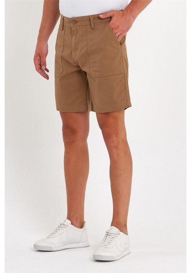 Erkek Likralı Yandan Cepli Kot Şort Hardal