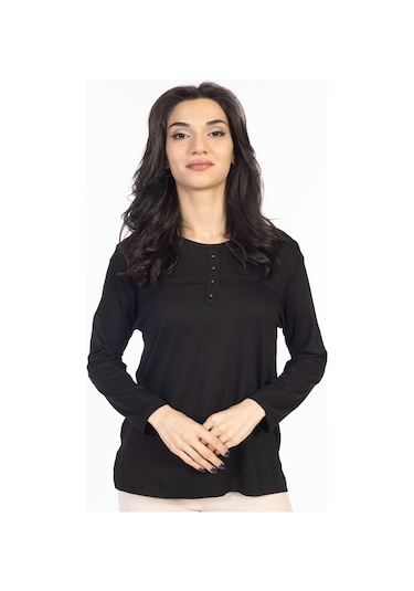 Yeni Sezon 2024 Sade Desen Yuvarlak Yaka Likralı Anne Penye Bluz 6484-siyah Siyah
