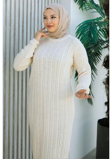 Brc2440ekru-bisiklet Yaka Örme Triko Elbise Ekru