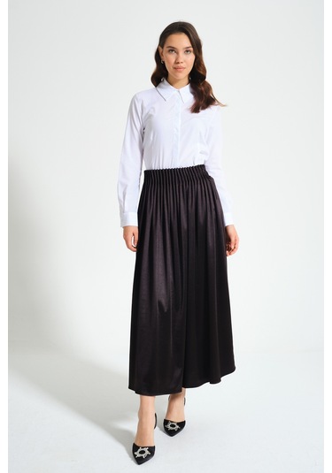 Mizalle Beli Pliseli Krep Siyah Etek Siyah