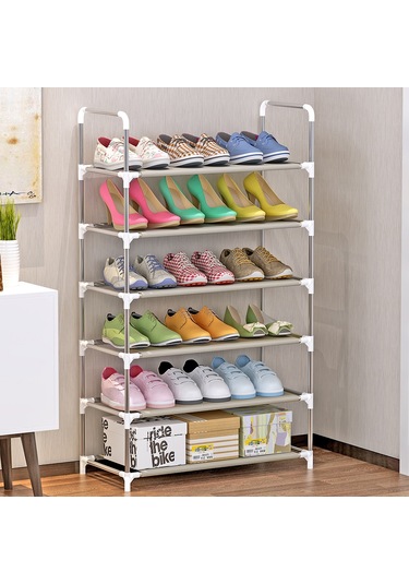 Tenfowee 6 Katmanlı Pratik Ayakkabı Rafı - Paslanmaz Boru Ve Dokumasız Kumaş İle Dayanıklı Depolama Çözümü Gri