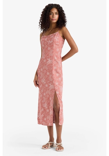 Defacto Kare Yaka Desenli Yırtmaçlı Keten Karışımlı Askılı Midi Elbise F7150ax25smbr154 Bordo