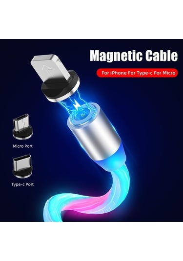 Mars 1 Metre Led Akışlı Manyetik İphone Uyumlu 2.4A Şarj Kablosu