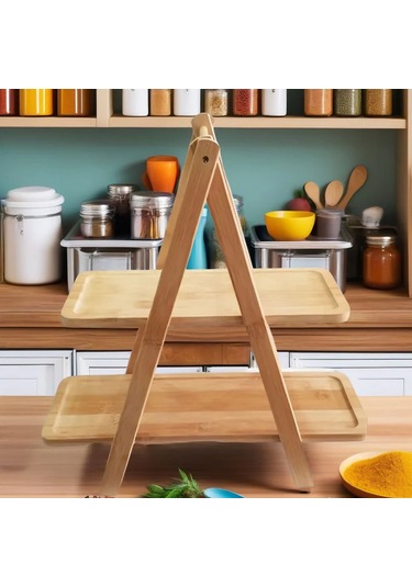 Bambu 2 Katlı Dikdörtgen Baharat Standı Doğal, Şık Ve Fonksiyonel Mutfak Düzenleyici 37 32 16 Cm Bambu