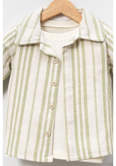 Yumuşak Doku Pamuklu Çizgi Detay Gömlekli Erkek Bebek Takım Yesil
