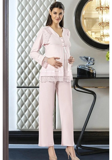 Xses 2180 Kadın Uzun Kolu Hamile Lohusa Pijama Takımı-pudra