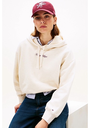 Kadın Rahat Kalıp Düşük Omuzlu Kapüşonlu Sweatshirt - Krem Oat Marl Htr Tonal