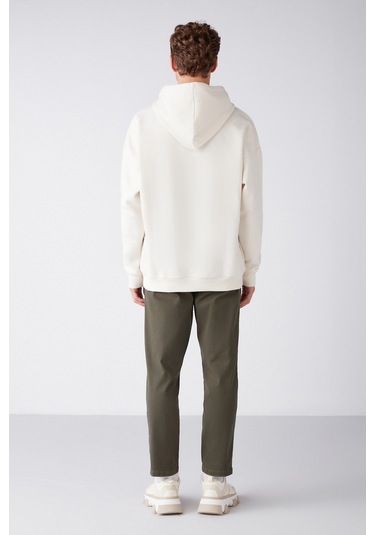 Steve Erkek Yumusaçık Kumaşlı Kordonlu Oversize Kapüşonlu Kanguru Cepli Ekru Sweatshirt