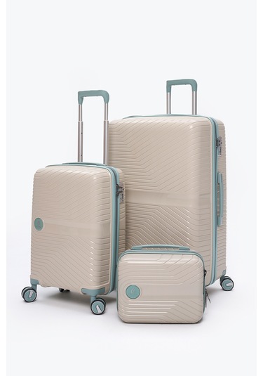 Elatae Exclusive Pro Polipropilen Kırılmaz 3'lü Valiz Seti Büyük - Kabin Boy Ve Makyaj Çantası Bej - Mavi 5239