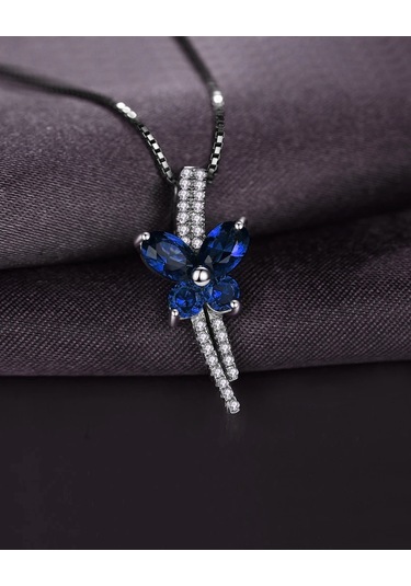 Brezza Lusso Jewelry Safir Taşlı Işıltılı Diamond Fiyonk Kelebek Kadın Gümüş Kolye 45 CM 45 CM