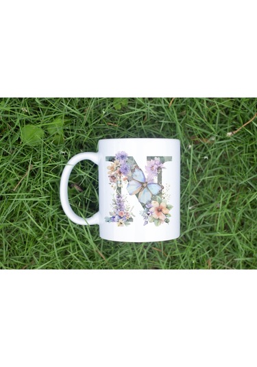 N Harfi Çiçekli Kupa Bardak - Soft Renk Çiçek Ve Kelebek Desenli Zarif Kahve Kupası - Bohem Beyaz