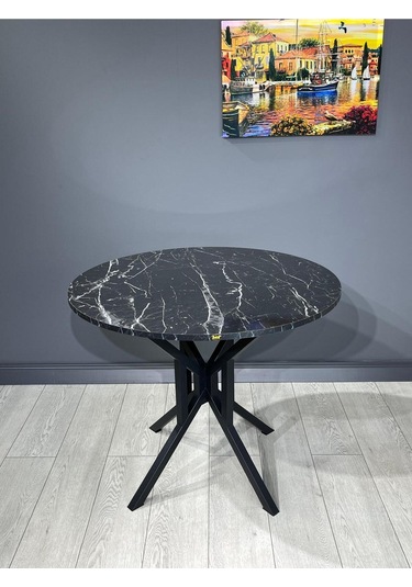 Selin Siyah Mermer Yuvarlak Mutfak Masası Yemek Masası Balkon Masası Metal Siyah Ayak 90 Cm