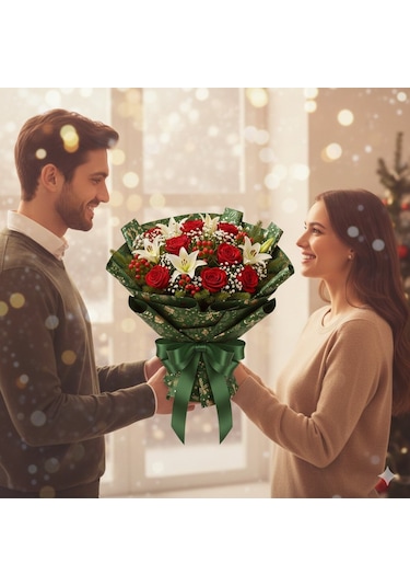 Yılbaşı Karışık Desenli Yeşil Çiçek Ambalaj Kağıdı, Hediye Paketl