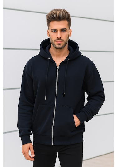 Rich Erkek Lacivert Kapüşonlu Kanguru Cepli Fermuarlı Sweatshirt Lacivert