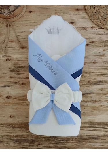 Yenidoğan Bal Peteği My Prince Taç Nakışlı Delüks Kundak Bebek Battaniyesi Mavi Mavi