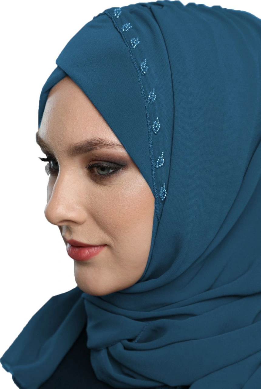 Şallı Takmatik Taşlı Petrol Renk Hazır Türban Tesettür Bone Namaz Örtüsü Petrol