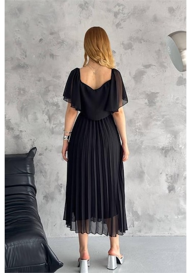 Kadın Astarlı Piliseli Şifon Elbise Dpk2099 Siyah