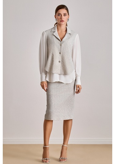 Yandan Cepli Ekru Örme Etek Ekru