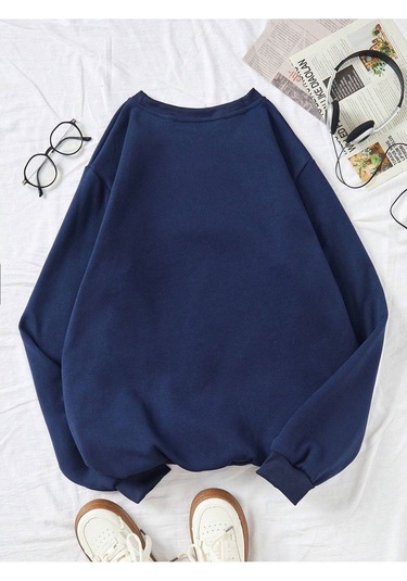 Brooklyn 1982 Sweatshirt - Lacivert Baskılı Oversize Bisiklet Yaka Lacivert