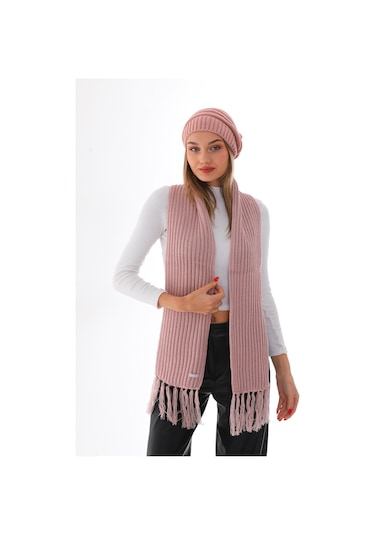 Kadın Ipli Bere Pudra Selanik Örgü Atkı Takım Pudra