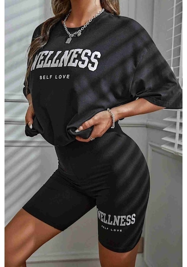 Merry See Wellness Baskılı Soft Kısa Kollu Şortlu Alt Üst Takımı Siyah 001