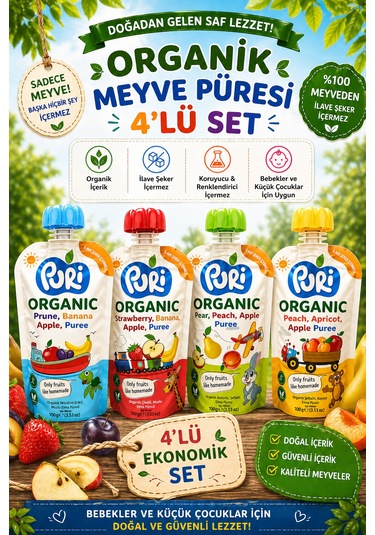 Organic %100 Organik Meyve Püresi 100 G x 4 Karışık Aroma İlave Şekersiz 4'lü Set