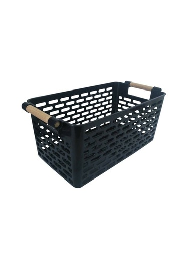 Toptanfoni 2 Adet Ahşap Renk Plastik Saplı Organizer Sepet Düzenleyici Siyah Siyah