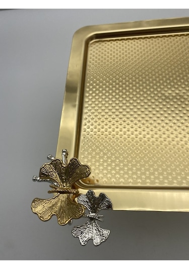 Ayaklı Gold Kare Metal Çay Ve Kahve Servis Sunum Tepsisi