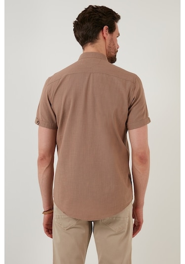 Buratti Düğmeli Yaka Pamuklu Slim Fit Cepli Erkek Gömlek Cf21S111153 Toprak