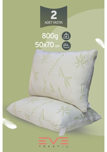 Eve Tekstil 2 Adet Bamboo Serisi Kılıflı Fermuarlı Yıkanabilir Antialerjik Silikon Elyaf Yastık 50x70cm 800 Gr Yeşil