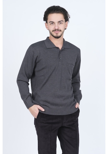 Ateş Triko Erkek Polo Yaka Cep Detaylı Yün Kazak 6091023 Koyu Gri