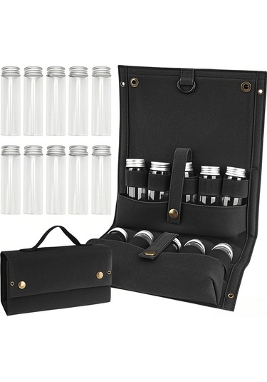 Symbee Kamp Ve Barbekü İçin Kanvas Çantalı 10 Adet Pet Baharat Şişesi Seti - Siyah Taşınabilir Dışarıda Pişirme Aleti Çok Renkli