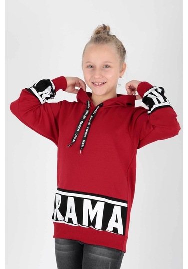 Ahengim Kız Çocuk Drama Baskılı Kapüşonlu Sweatshirt Ak13433 Kırmızı