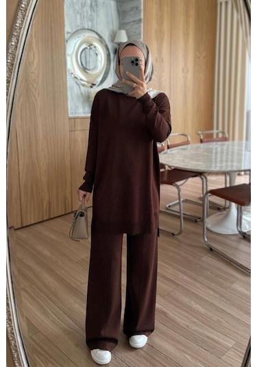Ka Hijab Işıltılı Merserize Takım - Kahverengi