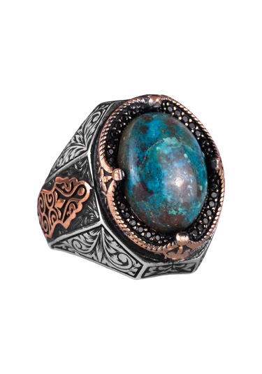 Gerçek Doğal Krysokolla Taşlı Yüzük - 925 Ayar Katı Gümüş Erkek Yüzüğü Gümüş
