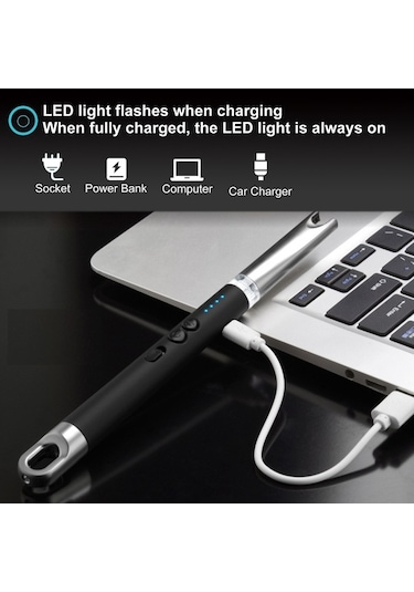 Elmpaly Usb Şarjlı Rüzgara Dayanıklı Elektrikli Çakmak - Led Aydınlatmalı, Pil Göstergeli, Kamp & Barbekü İçin Siyah Siyah