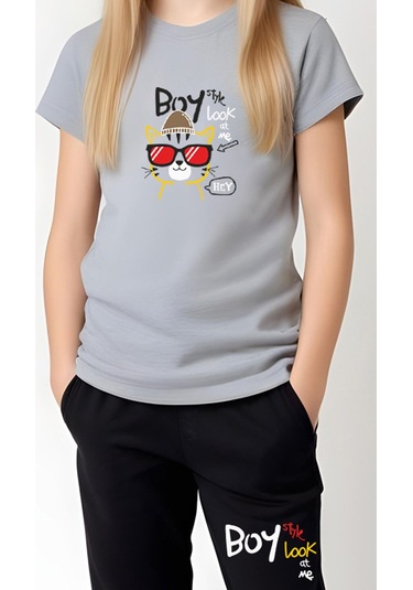 Fyk Kids Kız Çocuk Yuvarlak Yaka Baskılı Boy Cat Alt-üst Pijama Takımı Gri