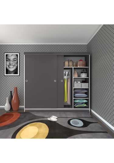 Kenzlife Gardırop Sürgülü Kapaklı Kapılı 200 Papatya Gri Gardolap Dolap