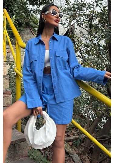 Gömlek Ve Şort Flamlı Keten Takım 10130 Mavi