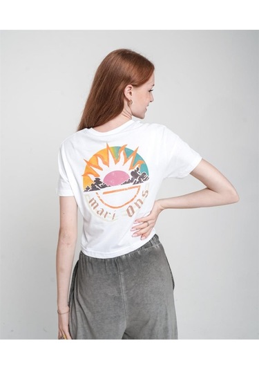 Kız Çocuk Sırtı Güneş Baskılı Bağlamalı Crop-12869 Beyaz