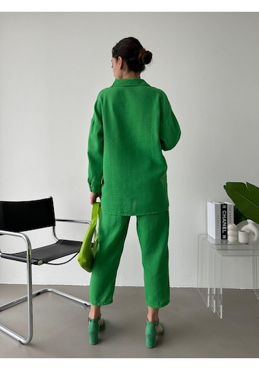 Kadın Oversize Keten Gömlek Pantolon Alt Üst Takım Yeşil