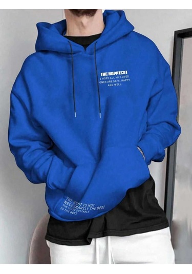 Kozia Outdoors Kapşonlu Baskılı Unisex Oversize Sweatshirt Saks Mavi