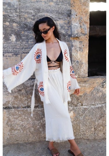 Elif Towels Ekru Renk Taş Baskı Pantolon Ve Kimono Kaftan Seti Ekru
