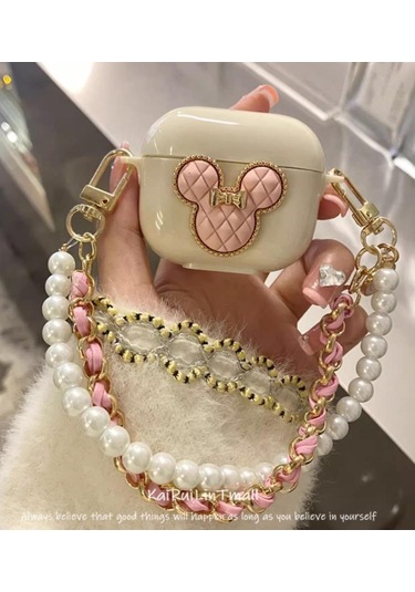 Apple Airpods 3. Nesil İle Uyumlu Kılıf Kalp Leopar Taş Kiraz Desenli Fiyok Tutmalı Kılıflar Rose Gold