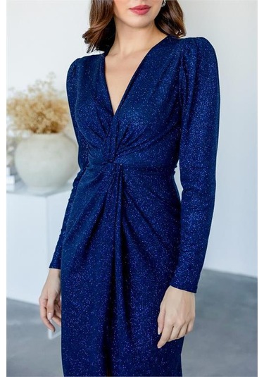 Kadın Büzgü Detaylı Simli Gece Elbisesi Dpnbmy3633 Mavi