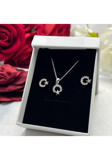 Ay Yıldız Model Kadın 2'li Set 925 Ayar Gümüş Zirkon Taşlı Gümüş